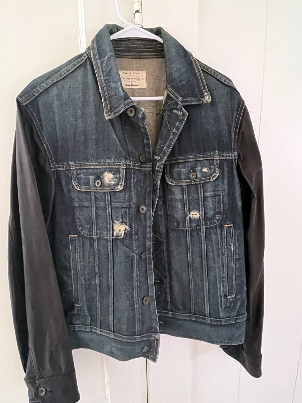 Rag‎ & Bone Distressed Darker Denim Jacket Lamb Leather Sleeves Moto Jacket M